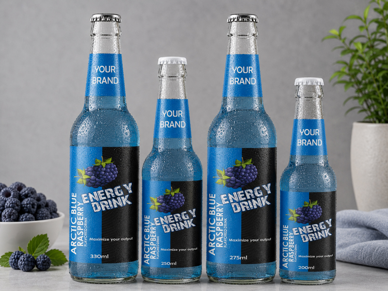 ENERGY DRINK Arctic Blue Raspberry flavored drink available in 330ml, 250ml, 275ml, and 200ml glass bottles.